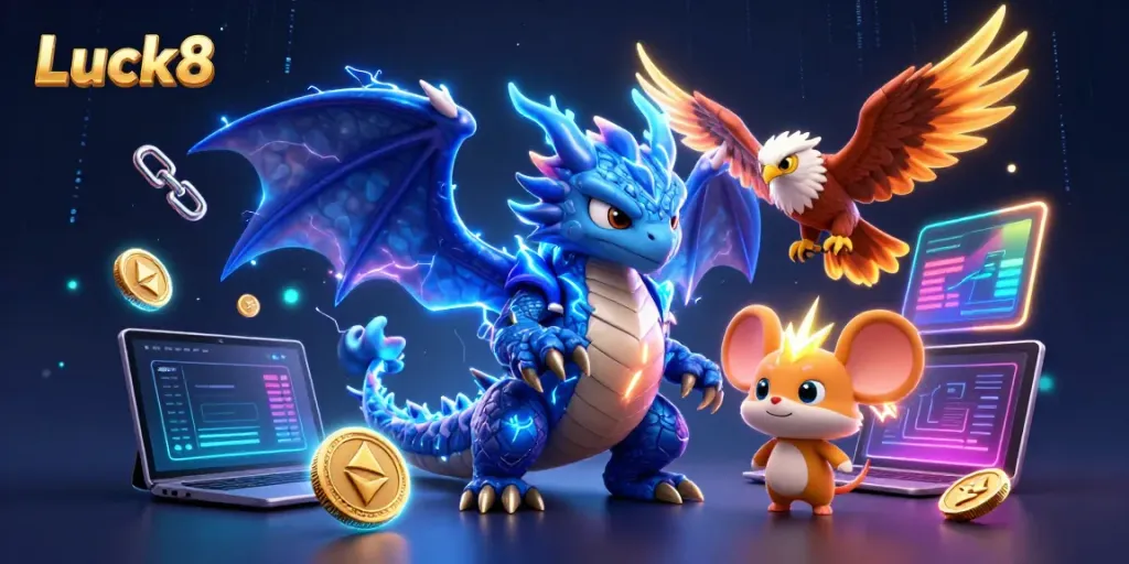 Experience the exciting world of Luck8 casino with vibrant gaming elements and dynamic characters.