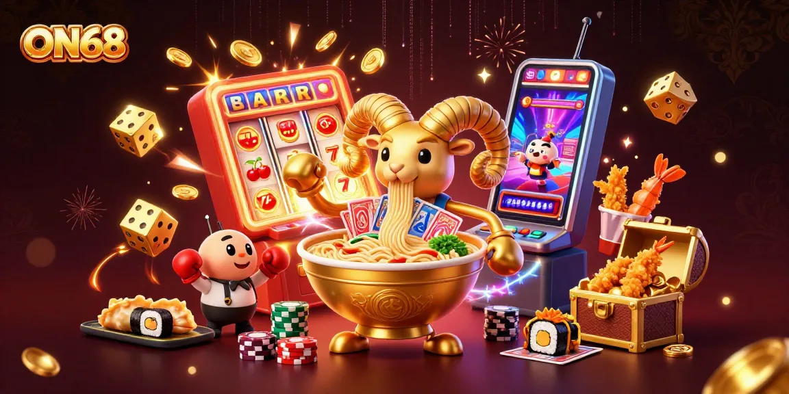 ON68 features a playful giant golden ramen bowl dealing cards and stacking chips in a vibrant casino scene.