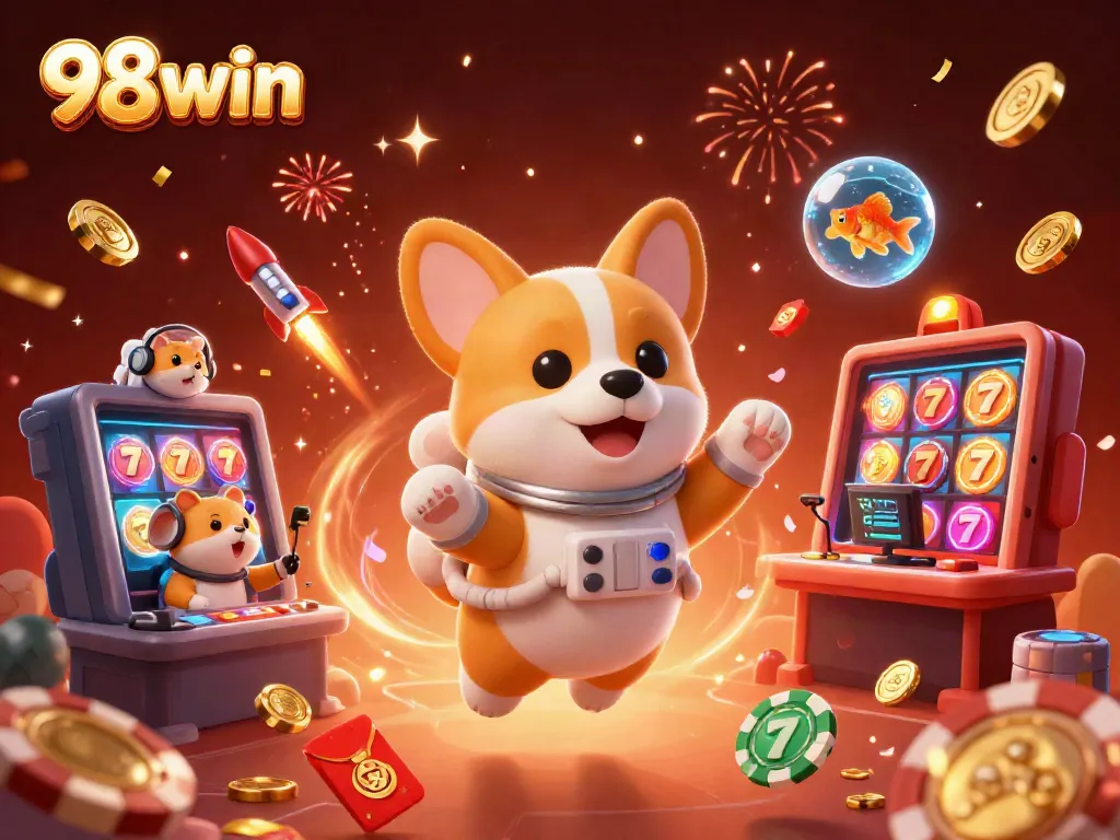 Experience excitement at the 98win space casino with a playful corgi and vibrant game elements.