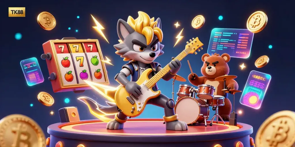 Rocking TK88 casino scene with a wolf guitarist and bear drummer amidst vibrant game elements.
