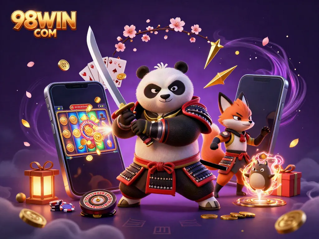 Join in action at 98WIN COM with a fierce samurai panda and ninja fox amidst gaming excitement.