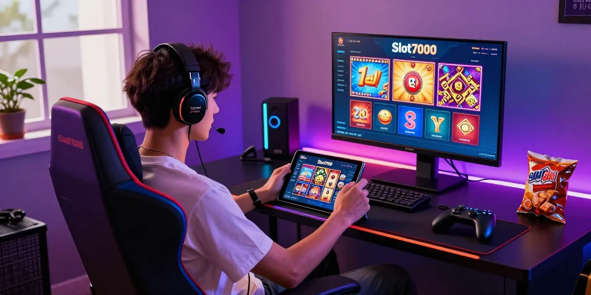 Engaged user exploring Slot7000 gaming platform on tablet in vibrant gaming room.