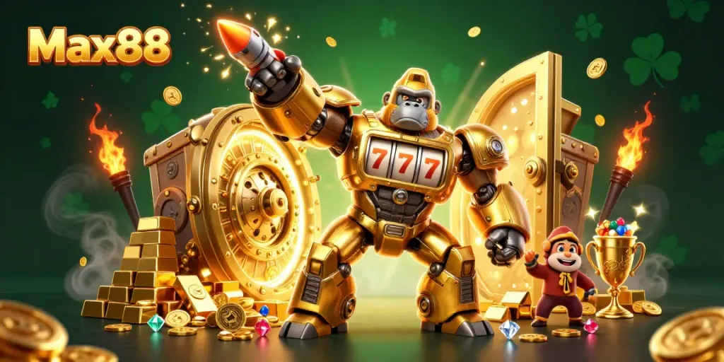 Engage with Max88 in a vibrant 3D world filled with slot machines, gold treasures, and dynamic action.