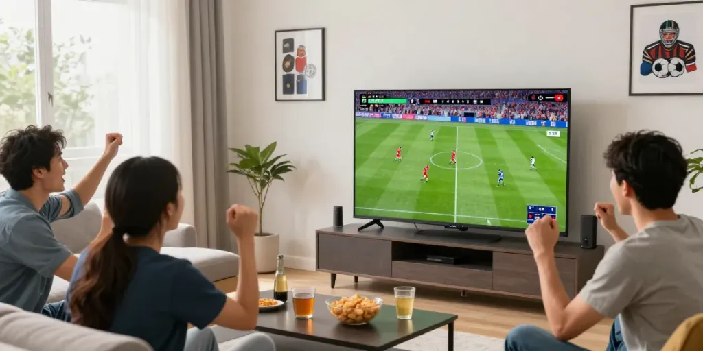 Thapcamtv viewers enjoying a live football match in a vibrant home setting.