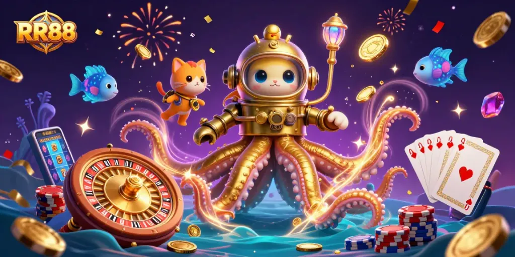 Experience RR88's thrilling jackpot adventure with a colossal kraken, diving cat, and sparkling treasure in a vibrant 3D scene.