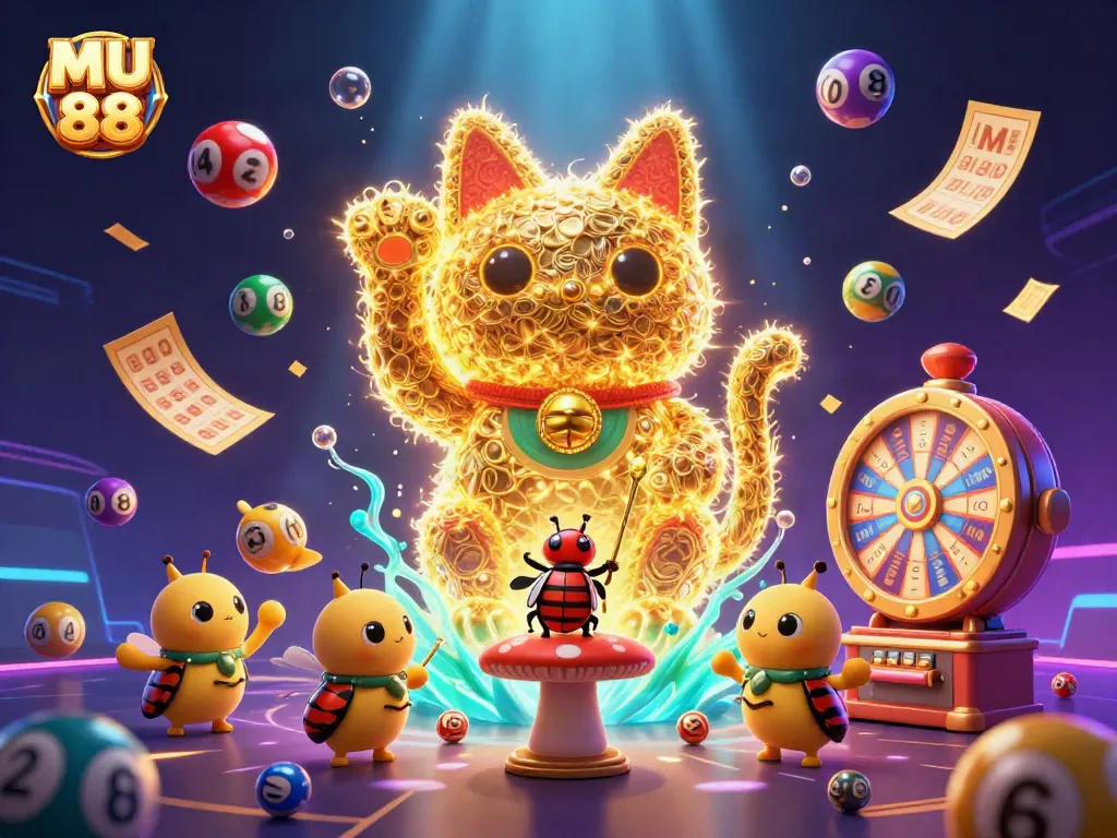 Enhance your winning strategy at MU 88 with vibrant illustrations of casino games and lucky cat symbols