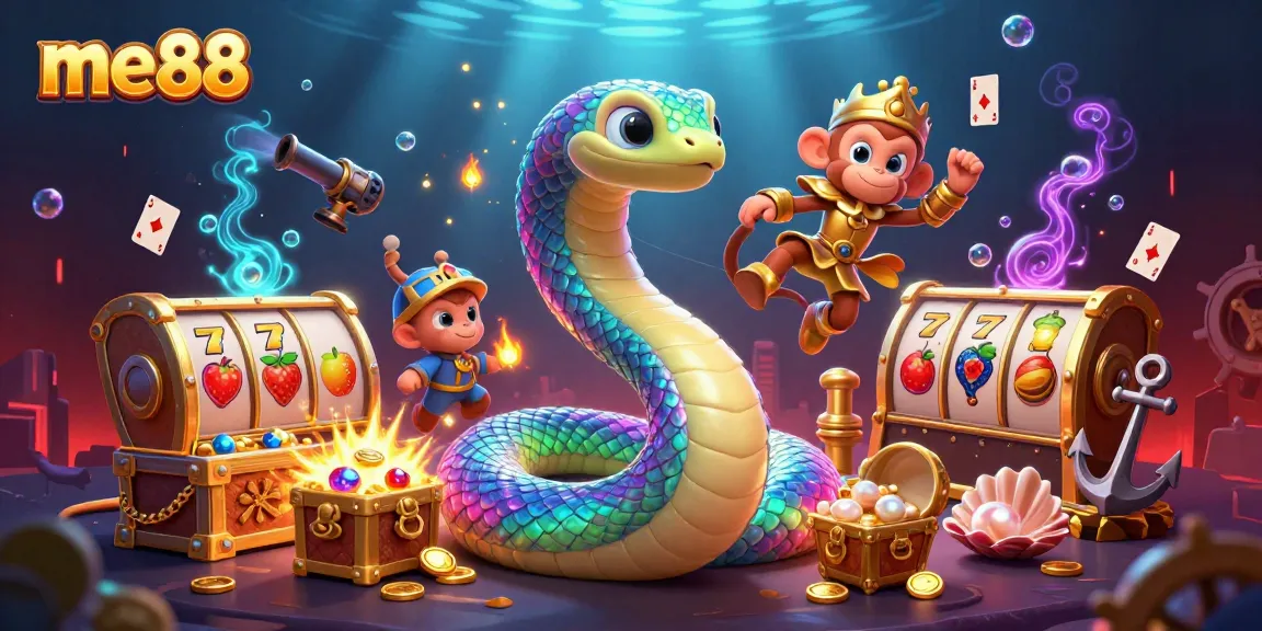 Engage in me88's vibrant online casino world with a rainbow serpent, monkey king, and dynamic gaming elements.