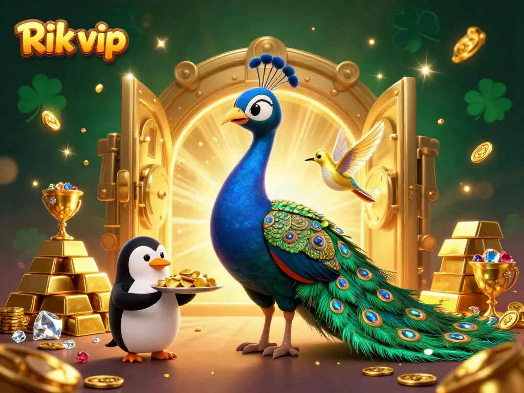 Experience thrilling gaming at Rik vip with a scene of vibrant characters and sparkling treasures.