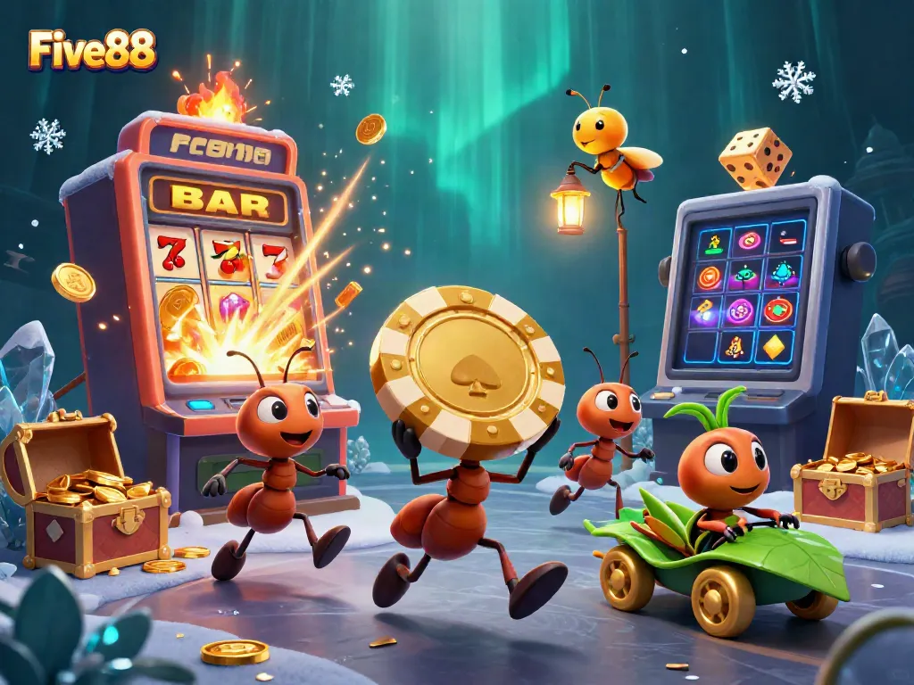 Experience the excitement of Five88 with a thrilling cartoon heist scene featuring ants, a firefly lookout, and a grasshopper getaway driver.