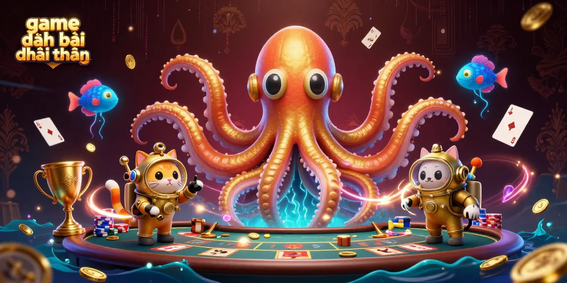 Play game đánh bài đổi thưởng with an exciting underwater scene featuring poker elements and a diving cat.