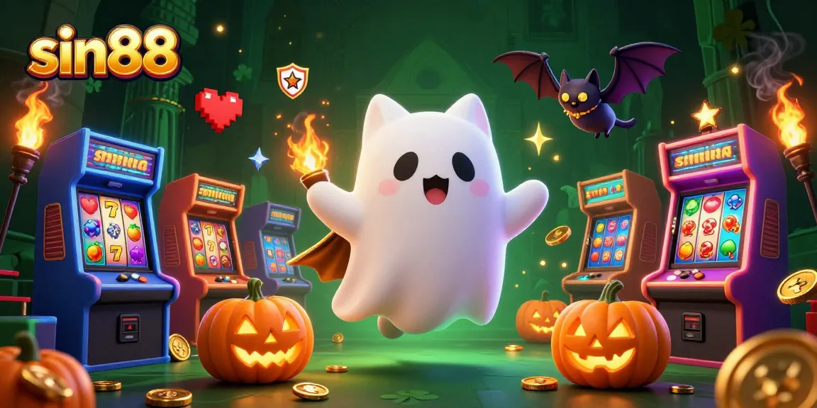 Spin lucky slots with sin88 in a vibrant haunted casino scene featuring animated characters.