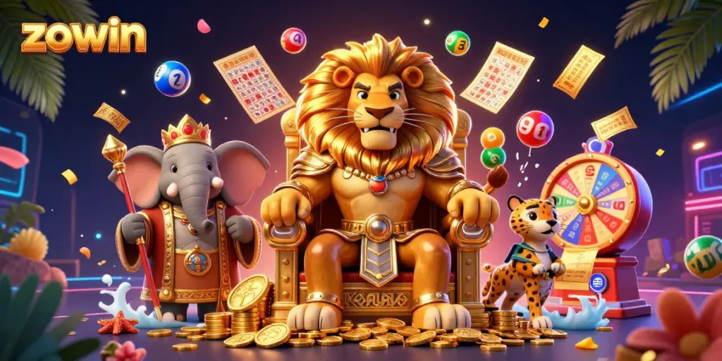 Zowin offers a vibrant 3D casino experience featuring the lion king on a throne, surrounded by dynamic lottery elements.