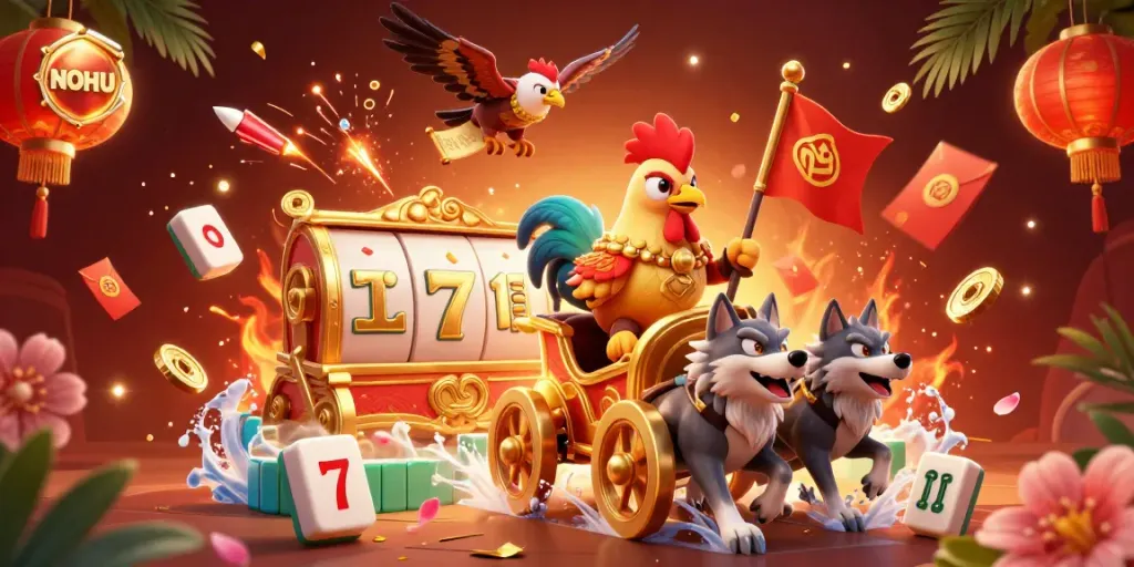 Engage with the thrilling NOHU gaming experience featuring a rooster warlord in a rich casino scene.