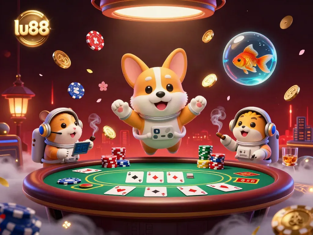 Engage in lively play at LU88's space casino featuring a 3D cartoon astronaut corgi surrounded by poker chips and coins drifting in zero gravity.