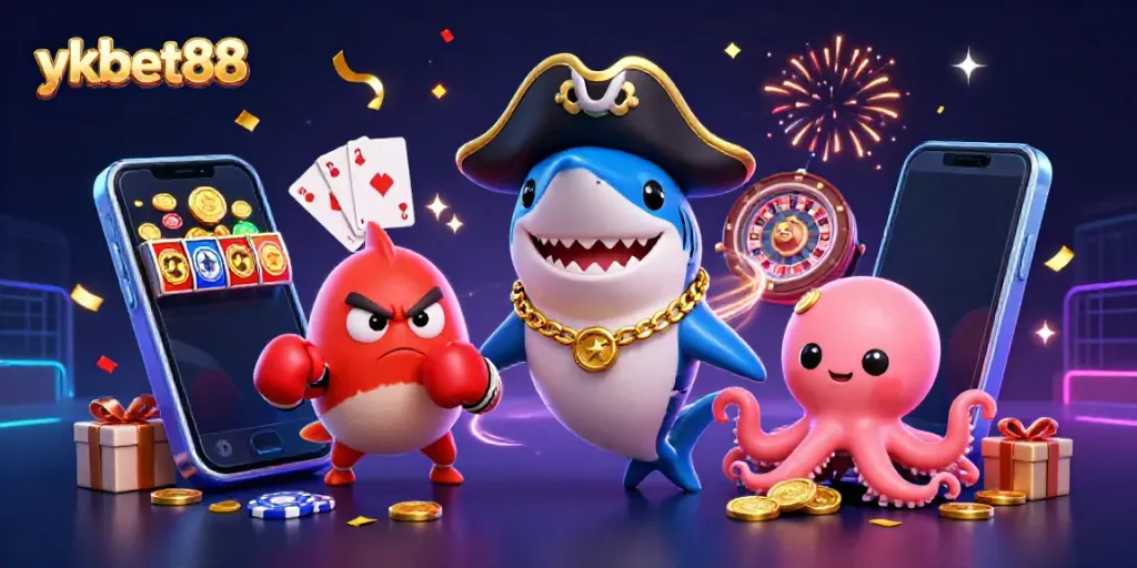 Engaging 3D scene depicting ykbet88 casino excitement with characters and games in action.