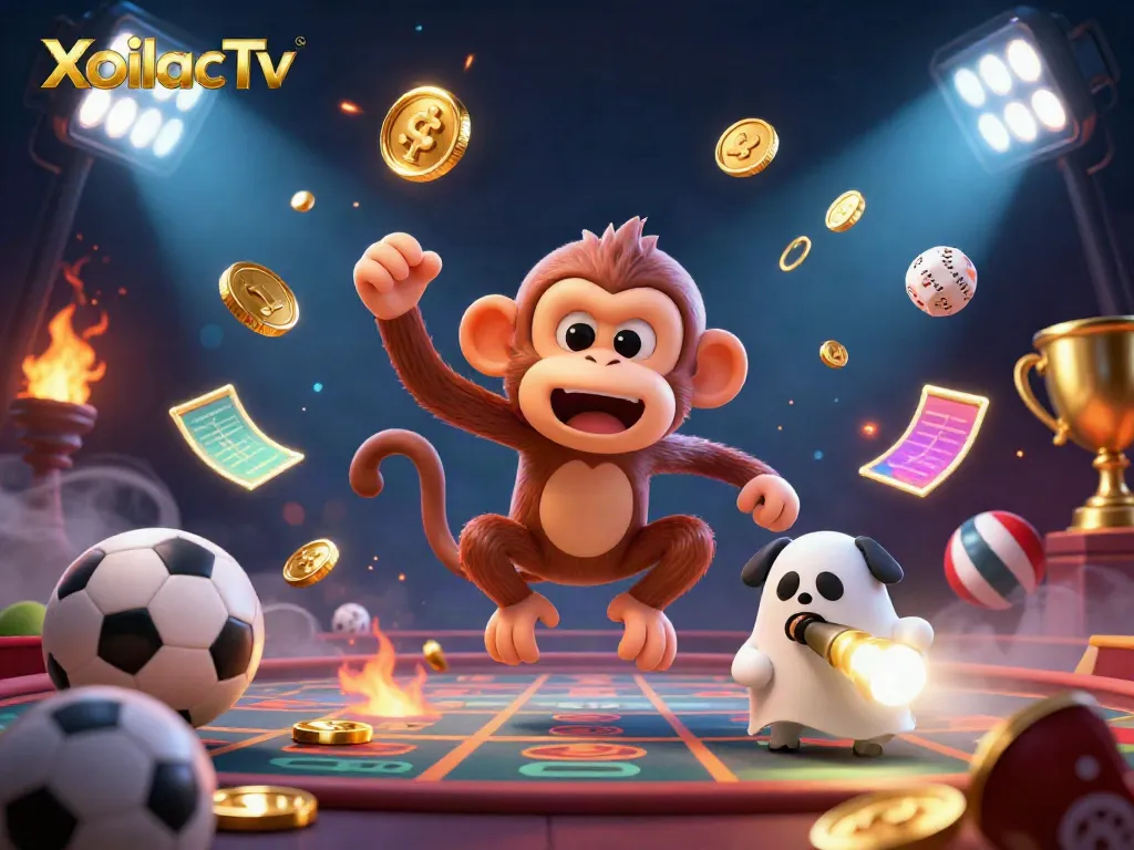 XoilacTv showcases a thrilling casino scene with a playful monkey and a puppy searching for winnings.