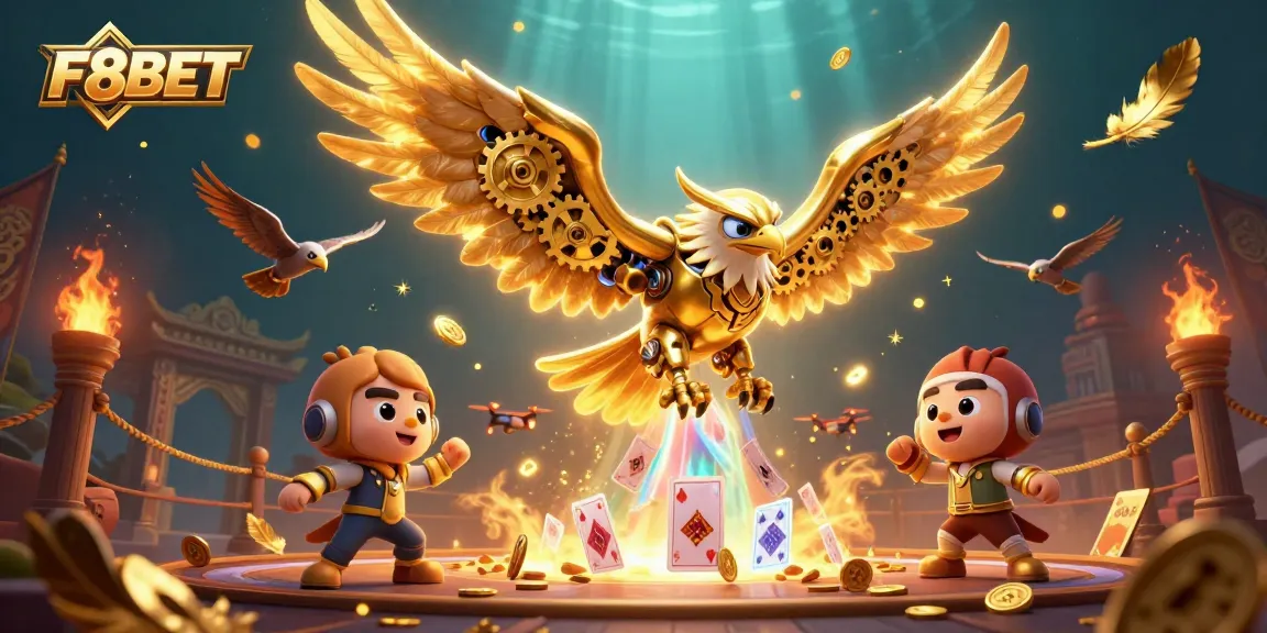 F8BET eagle dives through holographic cards in a vibrant casino backdrop, symbolizing excitement.