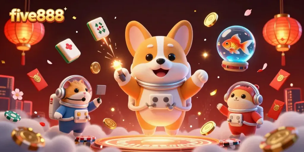 Engage with five888's vibrant casino scene featuring a floating corgi and dynamic game elements.