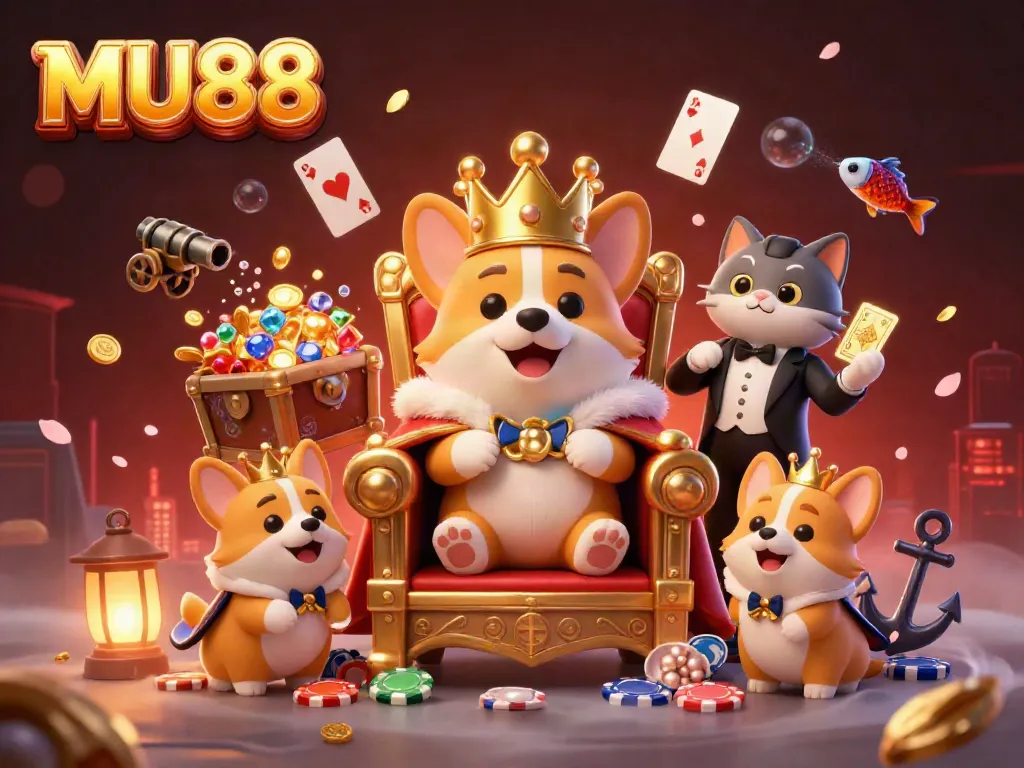 Experience thrilling gameplay at MU88 with a royal corgi and vibrant casino elements surrounding them.
