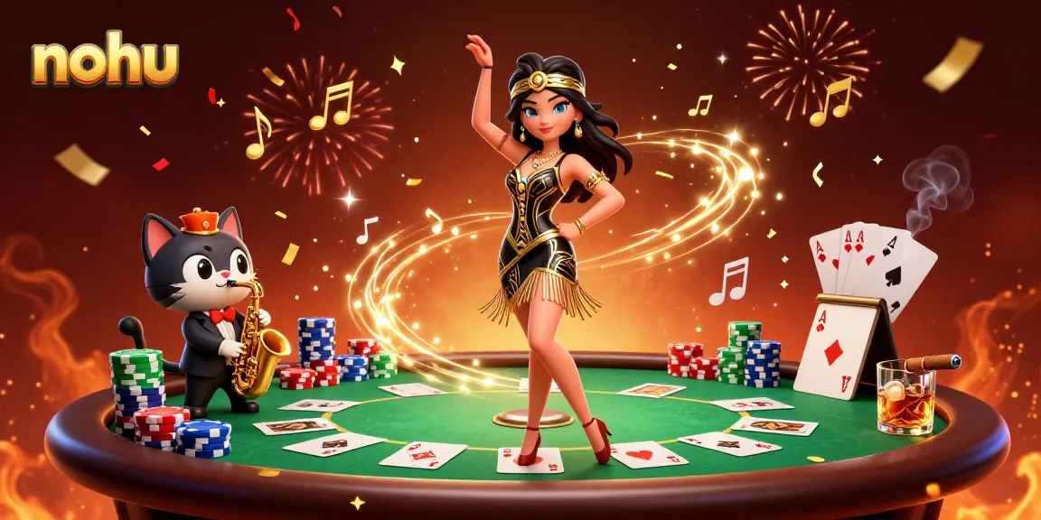 Nohu-themed casino scene featuring a playful cat and a dancing woman amidst poker chips and cards.