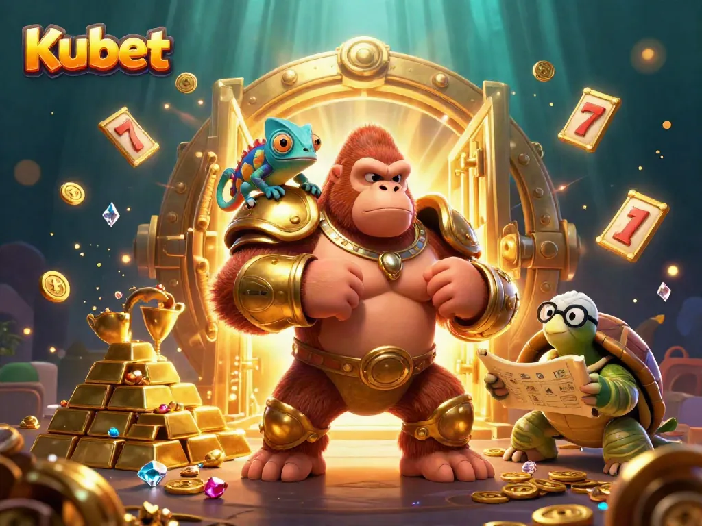 Kubet's vibrant 3D illustration shows energetic characters amidst casino treasures and exciting gameplay elements.