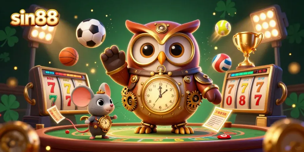 Experience the thrilling world of sin88 with a dynamic 3D illustration featuring time-traveling characters and casino elements.