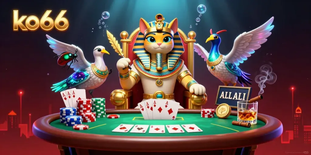 Engage with ko66's exhilarating poker scene featuring a pharaoh cat and vibrant game elements.
