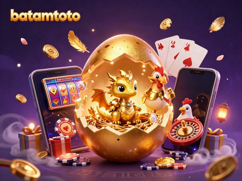 Experience the excitement of batamtoto with golden dragon, poker chips, and vibrant slot games in this dynamic scene.