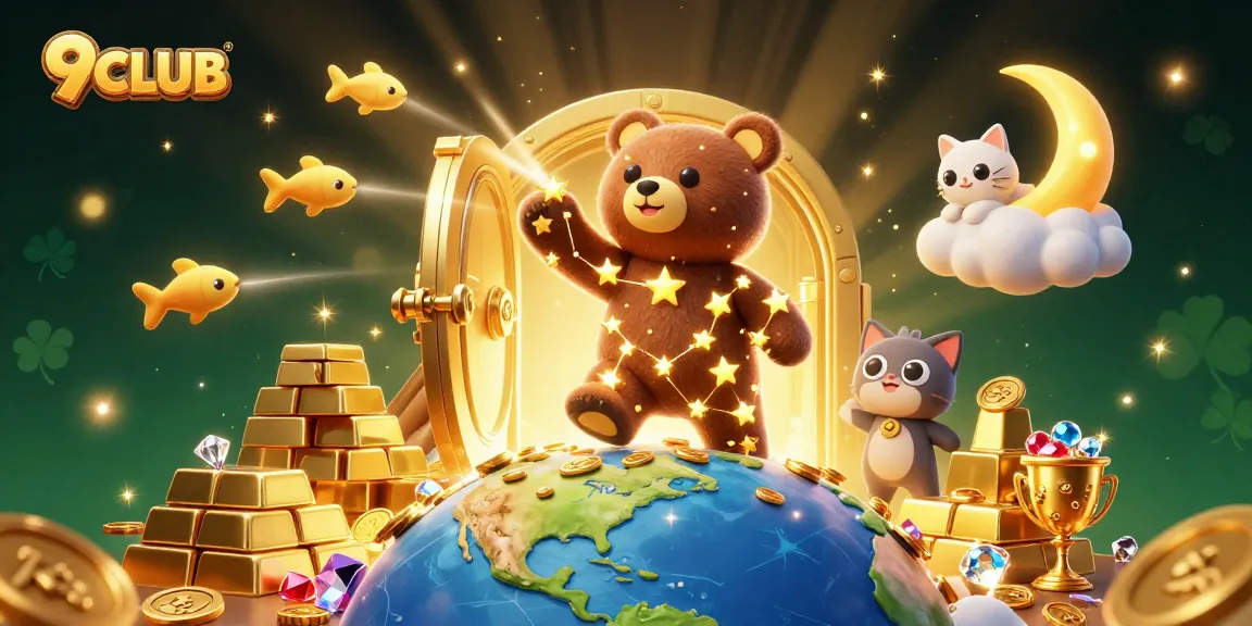 Experience the thrilling games at 9CLUB with enchanting visuals of gold treasures and starry adventures.
