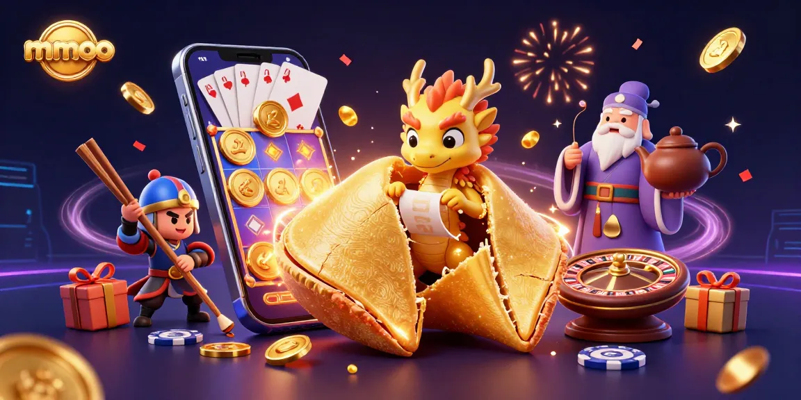 Experience mmoo with a vibrant illustration of a casino scene featuring dynamic slot games and golden treasures.