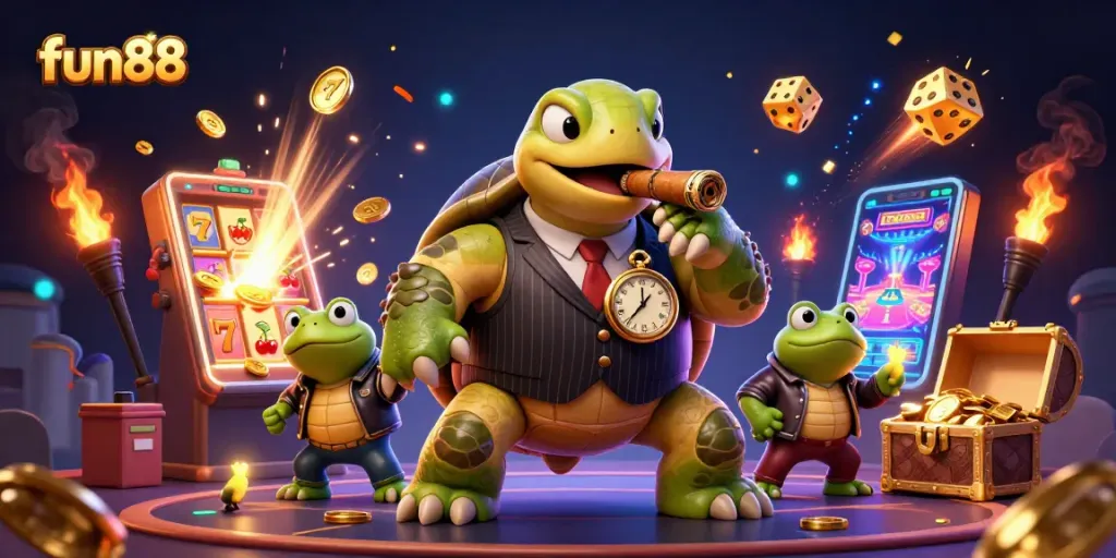Experience the excitement of fun88 with a dynamic 3D scene featuring a mobster turtle and casino elements.