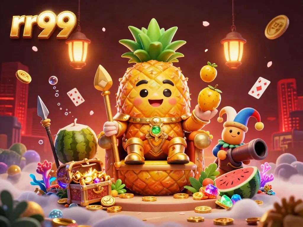 Experience the vibrant world of rr99 as the golden pineapple king leads thrilling casino adventures on a beach scene.