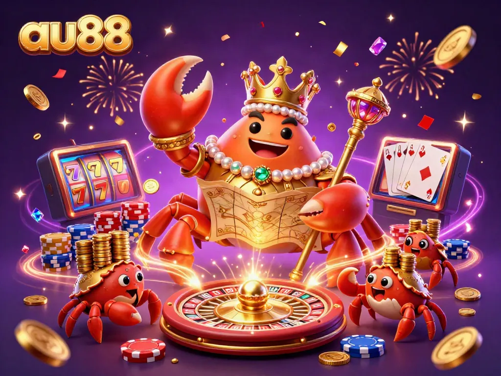 Experience the vibrant excitement of au88's animated casino with a golden crab emperor, treasures, and games.