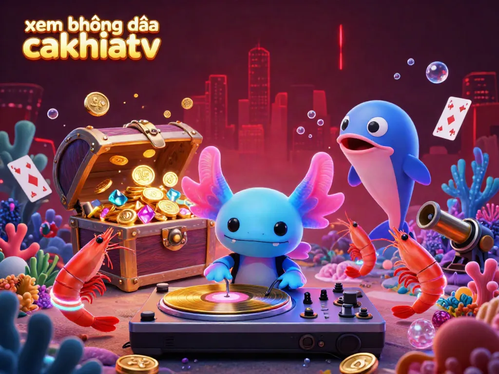 Experience xem bóng đá cakhiatv with a vibrant underwater betting scene featuring a neon axolotl DJ.