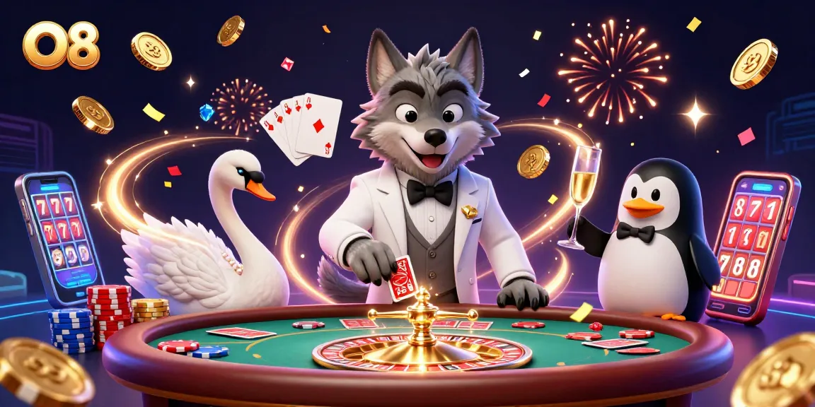 Engage in thrilling O8 gameplay as a debonair wolf and elegant swan present vibrant casino action.