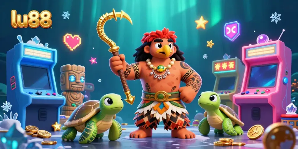 Experience the vibrant gaming adventure at lu88 with animated demigod and magical creatures amidst dazzling casino elements.
