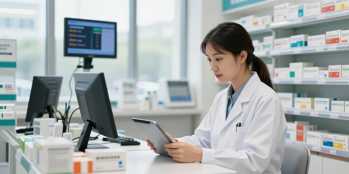 Assistant pharmacist UAE quickly accessing medicine details in a modern pharmacy.