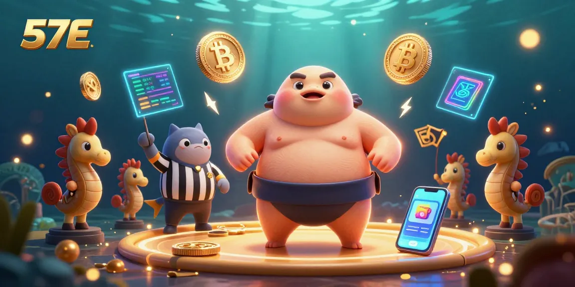 57E casino experience featuring a blowfish in a sumo ring surrounded by cryptocurrencies and vibrant underwater elements.