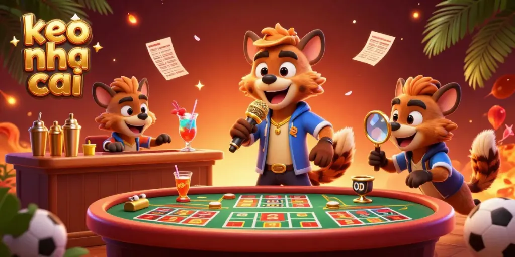 Cheerful hyenas engage in sports betting at keo nha cai, with a bartender, comedian, and bouncer in a lively scene.