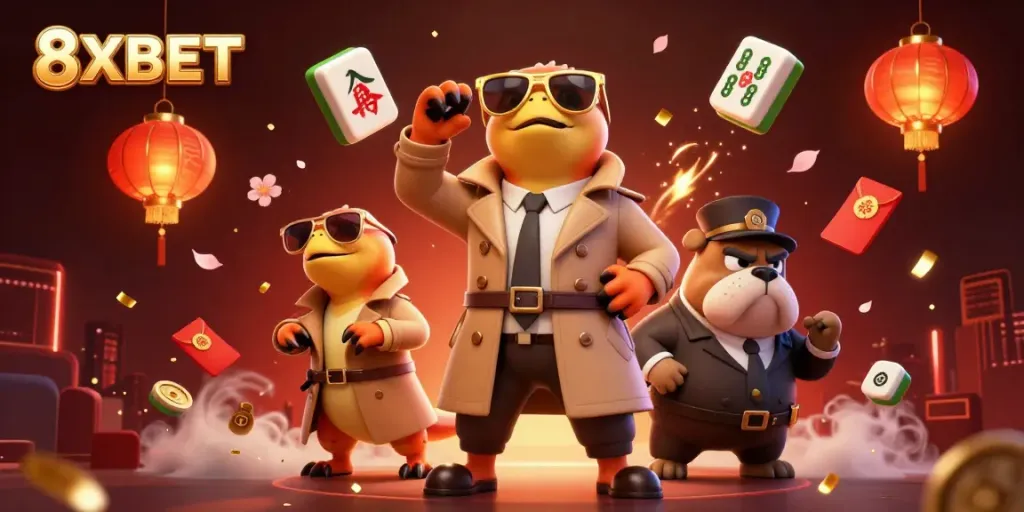 Enter the VIP casino lounge with 8XBET raptors in disguise, surrounded by festive gaming symbols.