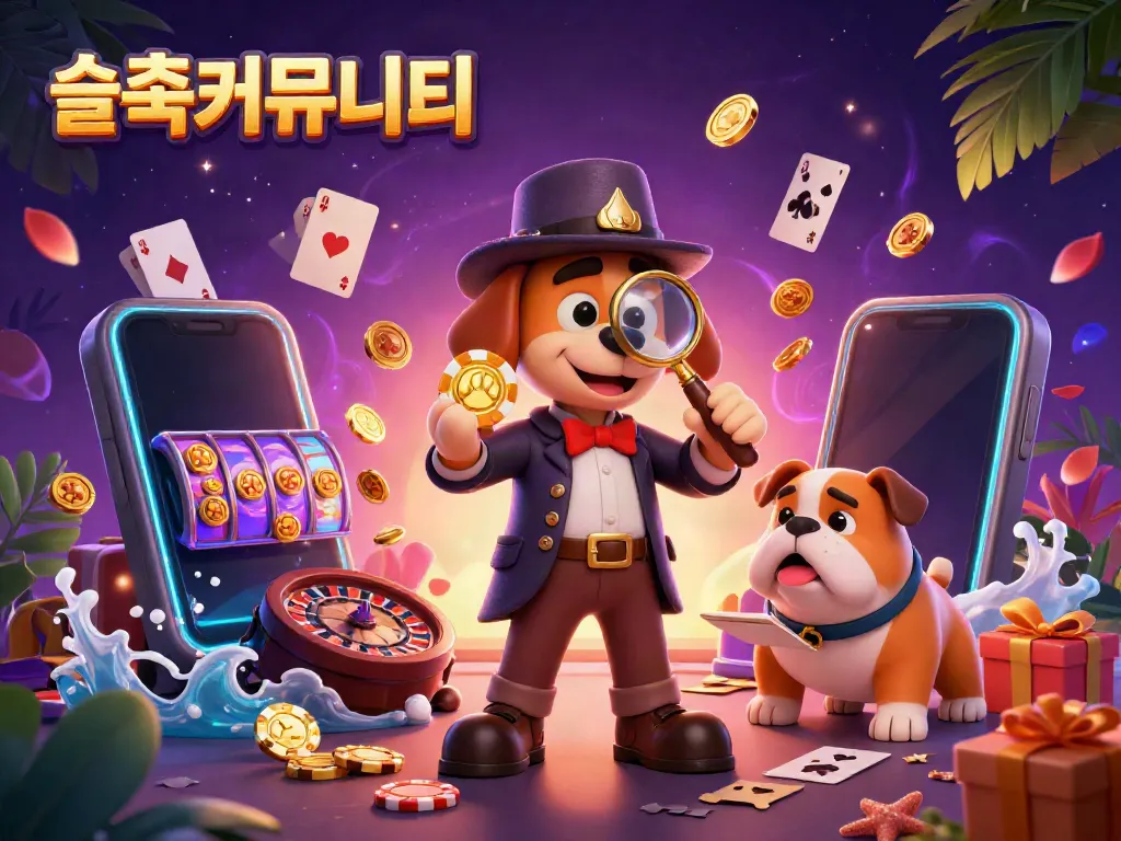 Exploring 슬롯커뮤니티 with a detective and a bulldog uncovering treasures amidst dynamic casino elements.