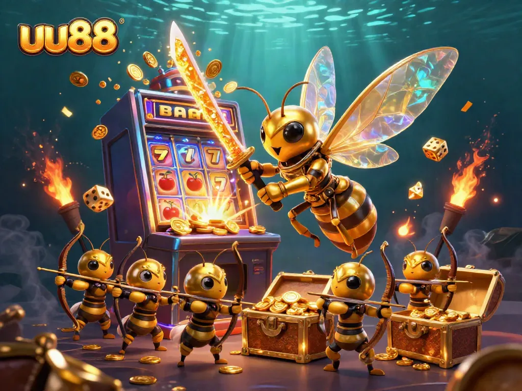Engage with uu88's thrilling slot machine action as golden hornets create excitement in a vibrant casino scene.
