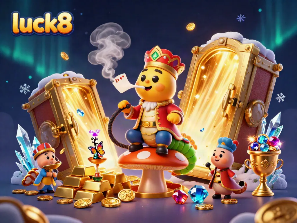 Spin the reels and win big at luck8 with a vibrant casino-themed 3D illustration showcasing sparkling treasures and thrilling gameplay.