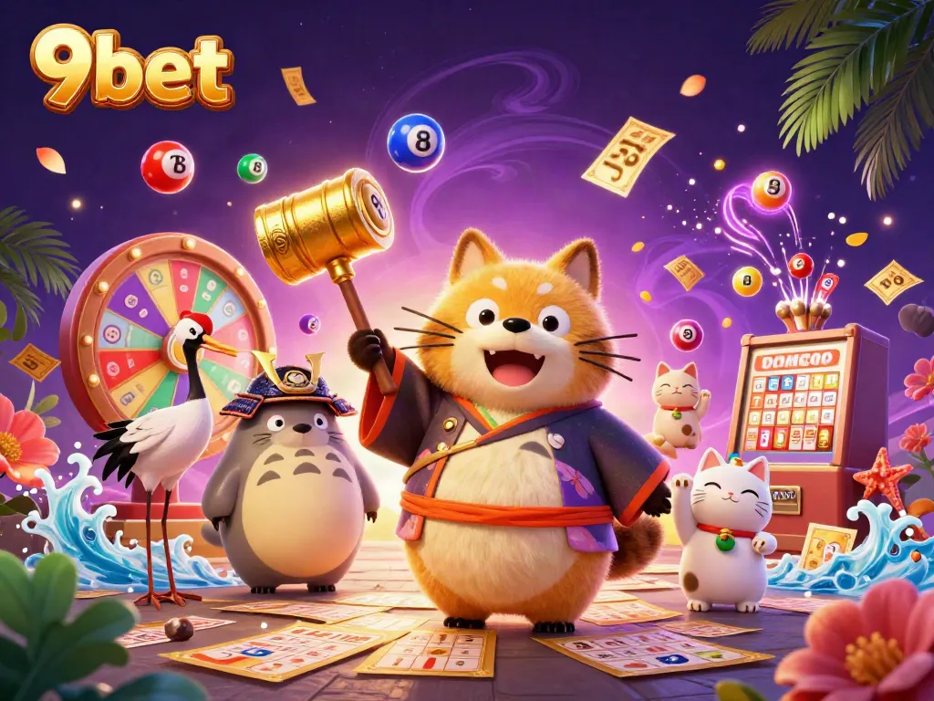 Engage with 9bet's vibrant gaming world featuring cheerful characters, colorful lottery elements, and thrilling casino excitement.