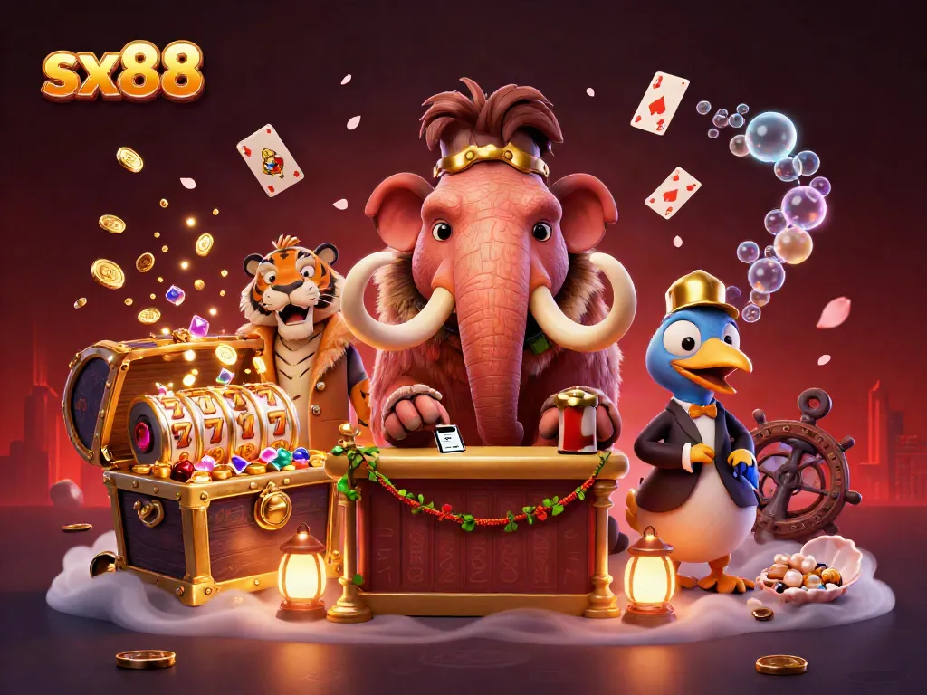 SX88 promotes exciting casino action with vibrant characters and glittering treasures.