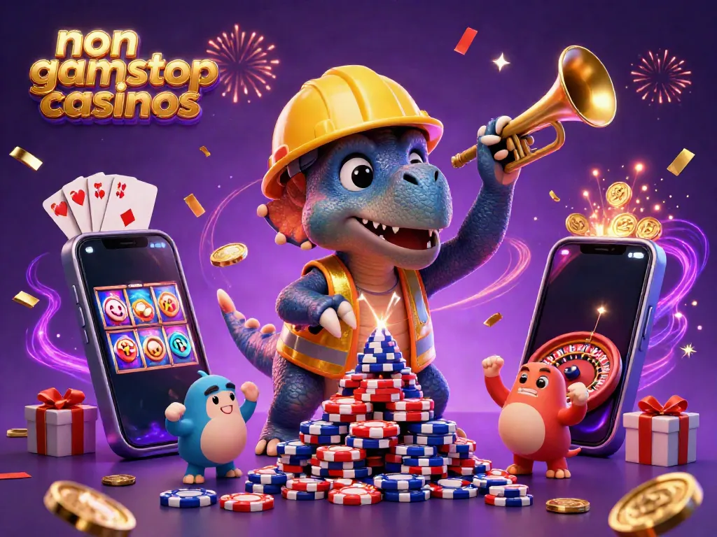 Engaging scene of non gamstop casinos with a triceratops and fun game elements.