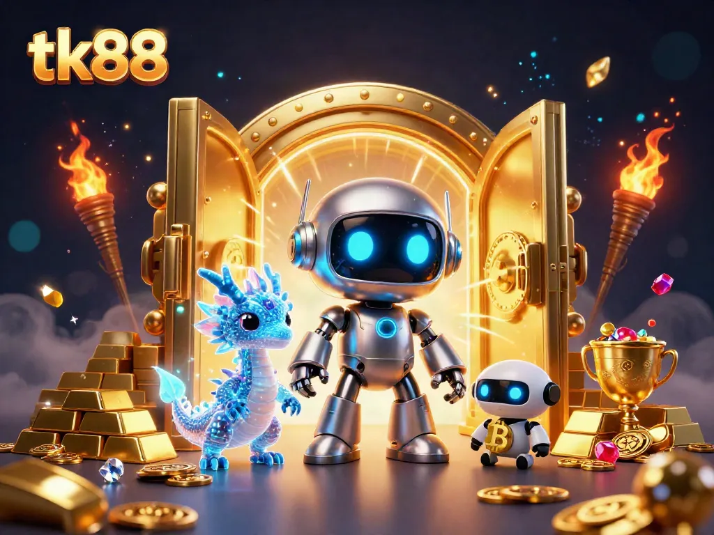 Spin and win big with tk88, showcasing a vibrant 3D casino scene filled with treasures and excitement.