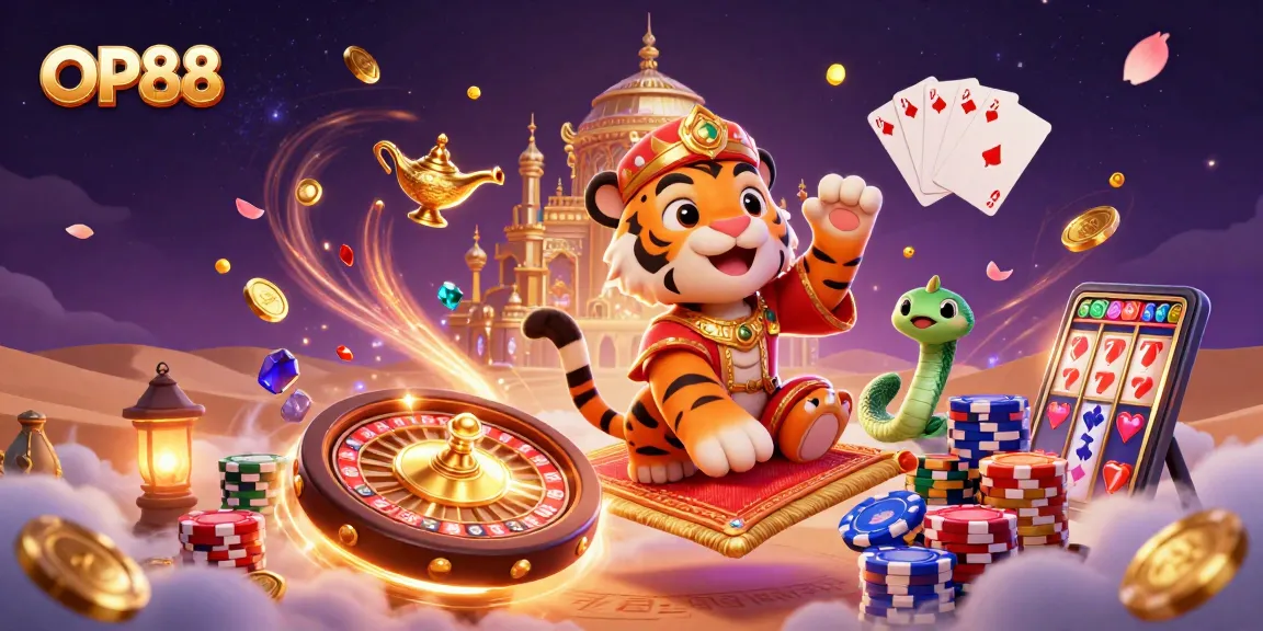 Engage with OP88's thrilling casino experience featuring a tiger sultan on a winning carpet, amidst sparkling treasures.