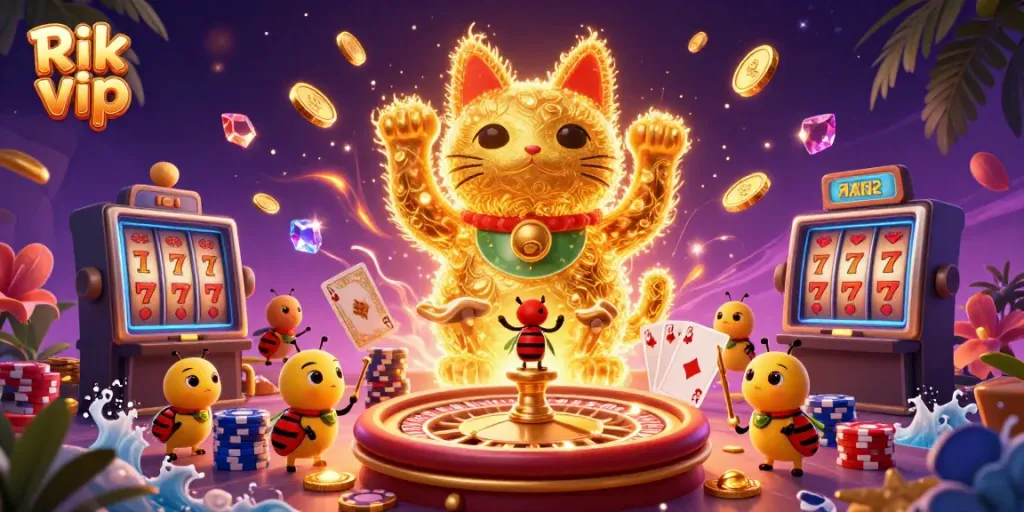Experience the thrill of Rik vip with a dynamic 3D casino scene featuring golden fireflies and vibrant symbols.