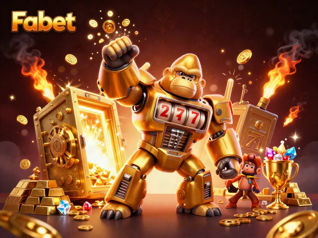Experience thrilling gameplay with Fabet's dynamic golden gorilla mech and treasure-filled scene.